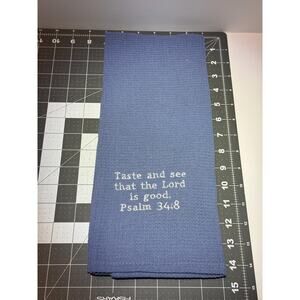 Kitchen Tea Towel Blue with Embroidered Christian Quote Home Decor Gift for Cook